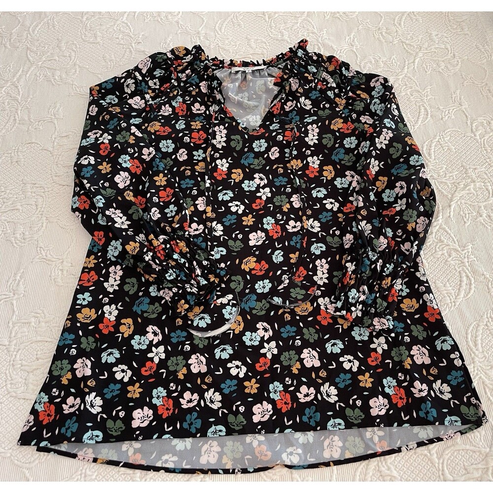 Crosby By Mollie Burch Pullover Top Black Floral Colorful Cotton Ruffle *Read*